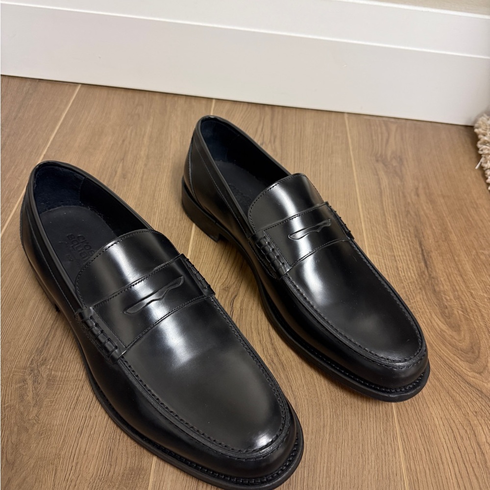 Crosby Square Newhaven Black Leather Penny Loafers. Polished Slip-On Dress Shoes